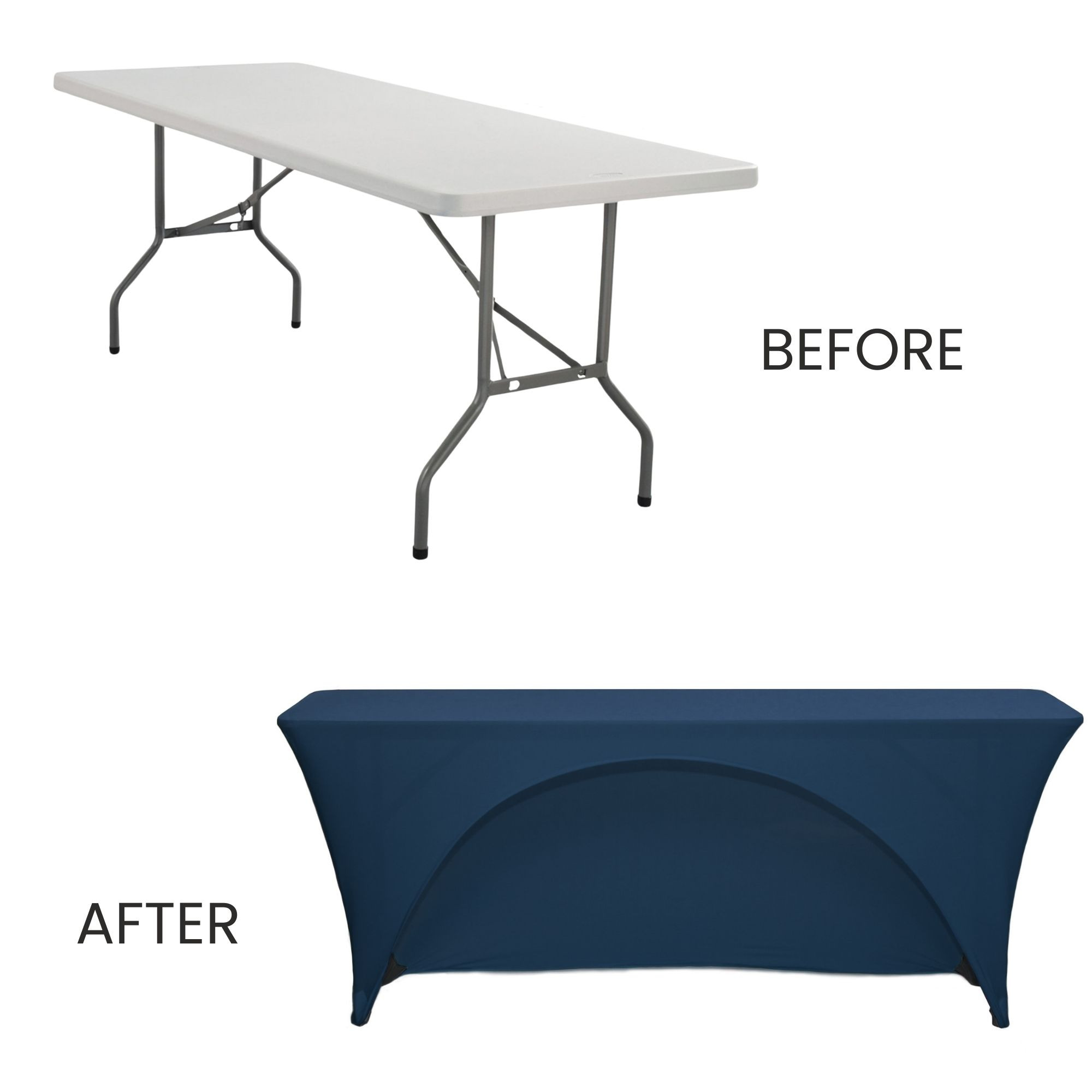 Stretch Spandex 8 Ft Open Back Rectangular Table Cover Navy Blue before and after