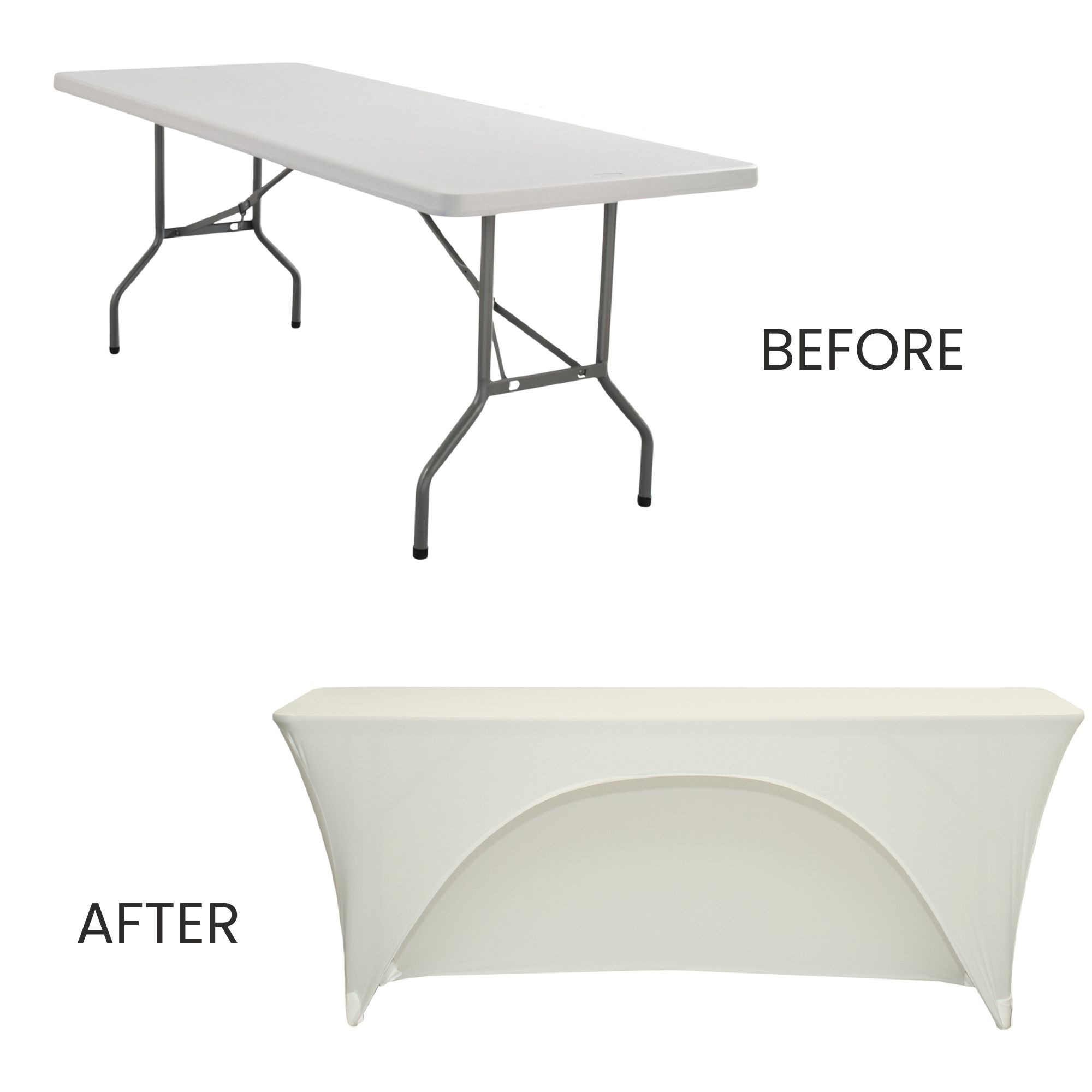 Stretch Spandex 8 Ft Open Back Rectangular Table Covers Ivory before and after