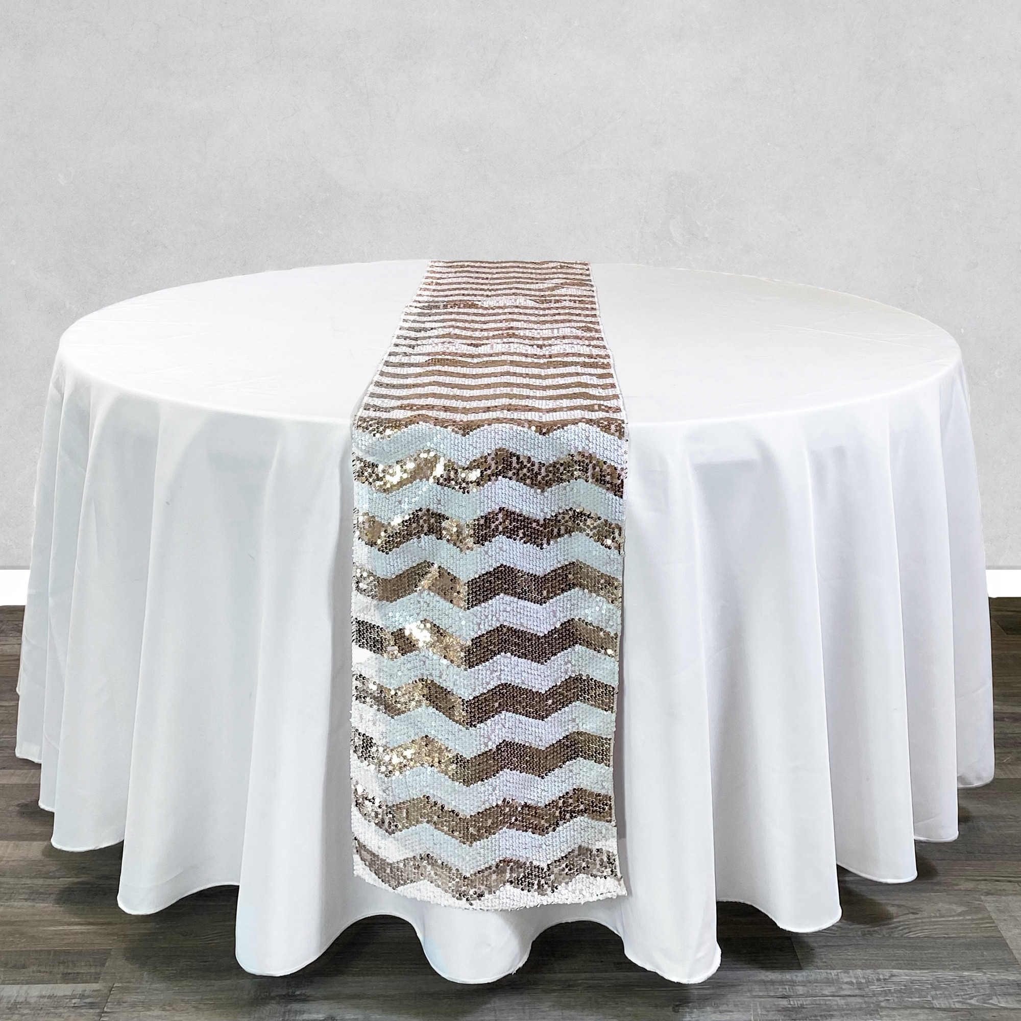 14 x 108 inch Chevron Sequin Table Runners Blush and Champagne on round table