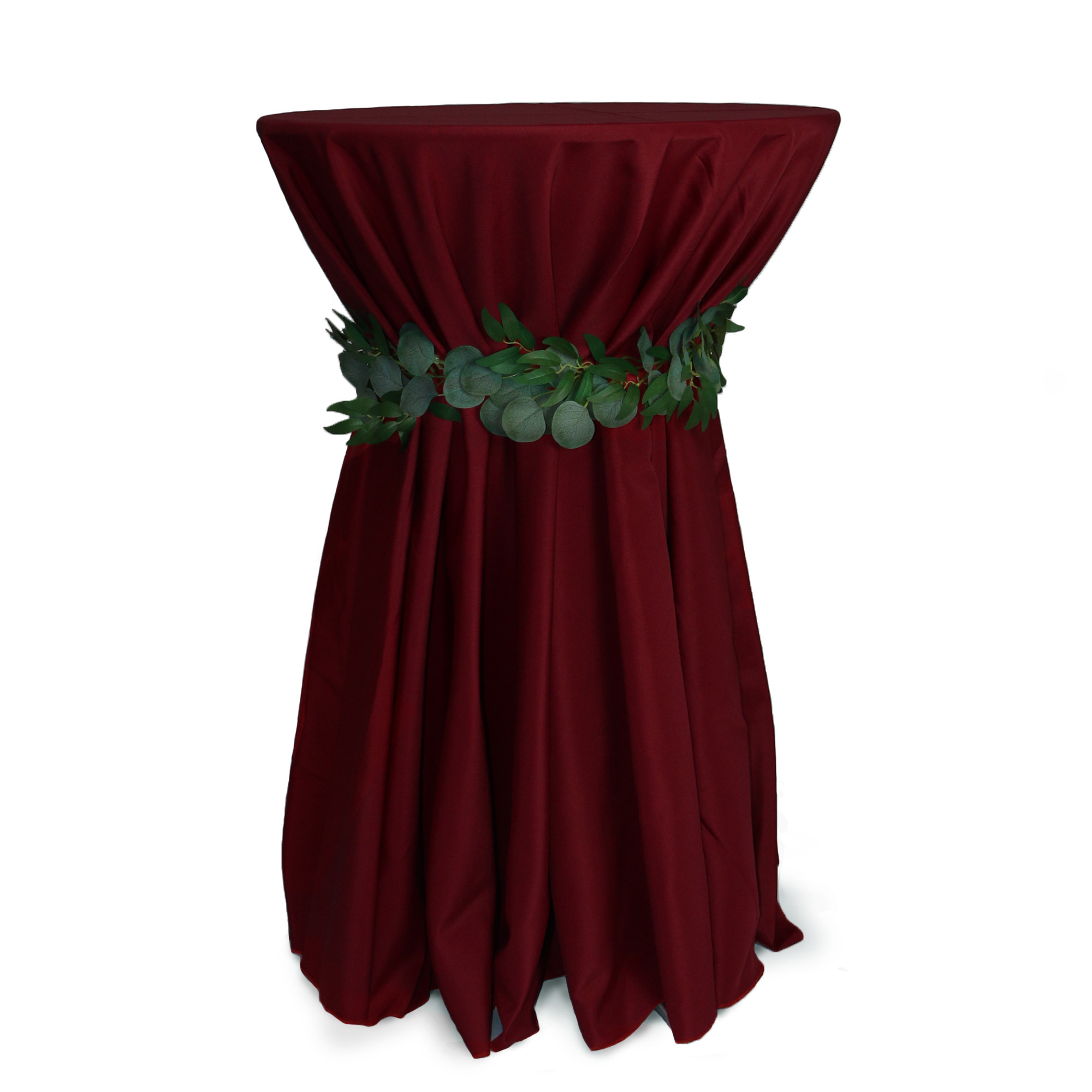 120 Inch Round Polyester Tablecloth Burgundy on cocktail table