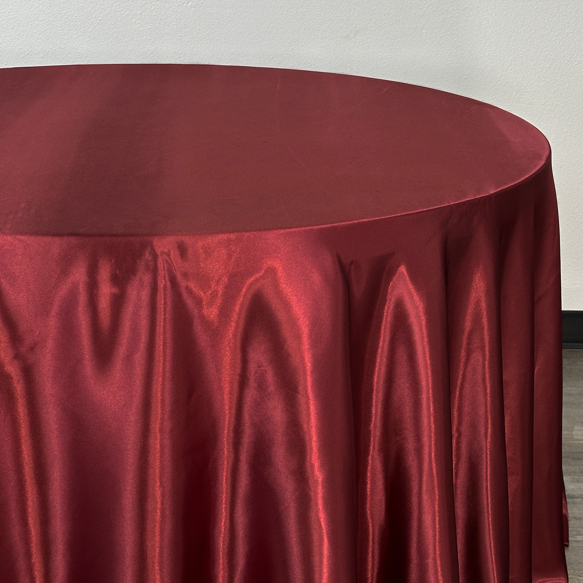 120 inch Round Satin Tablecloth Burgundy Side