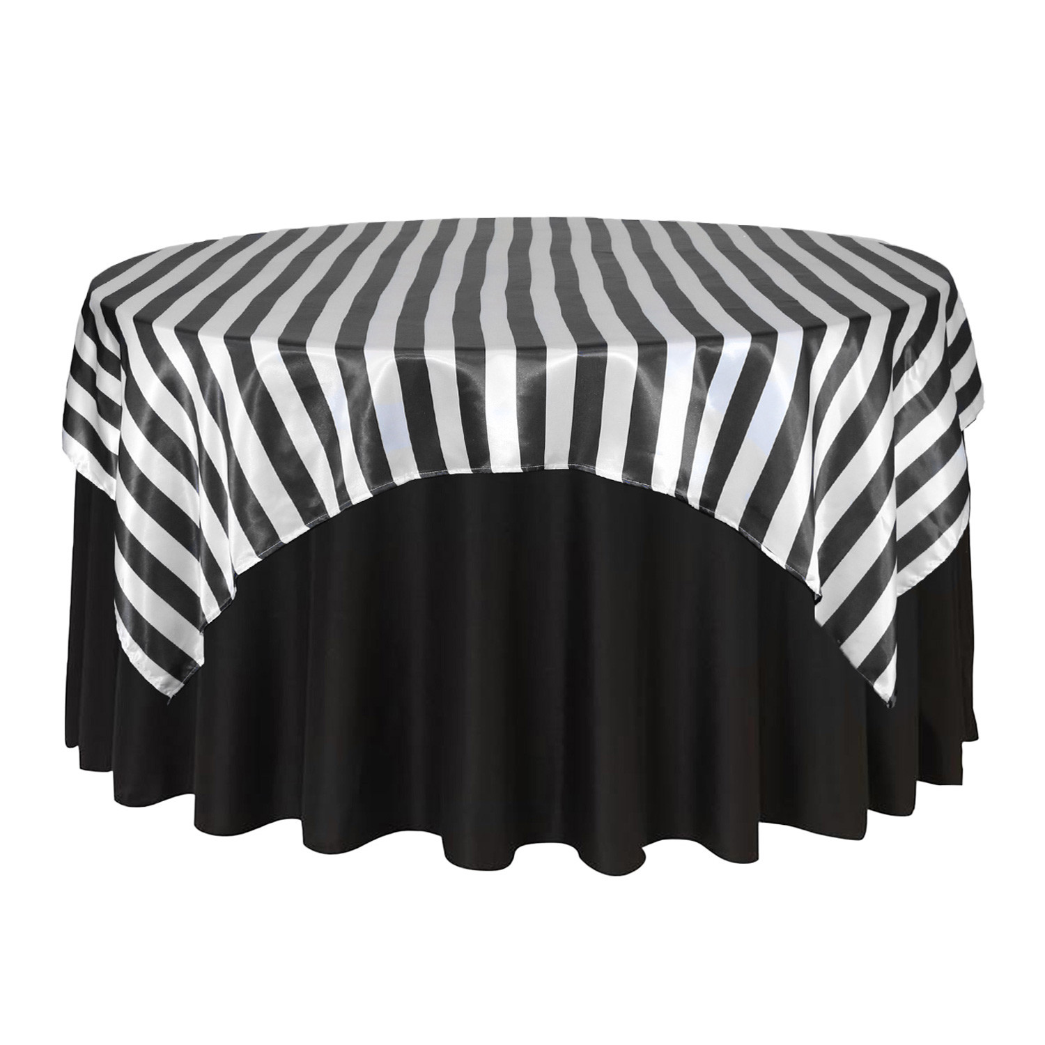 72 inch Square Satin Table Overlay Black/White Striped