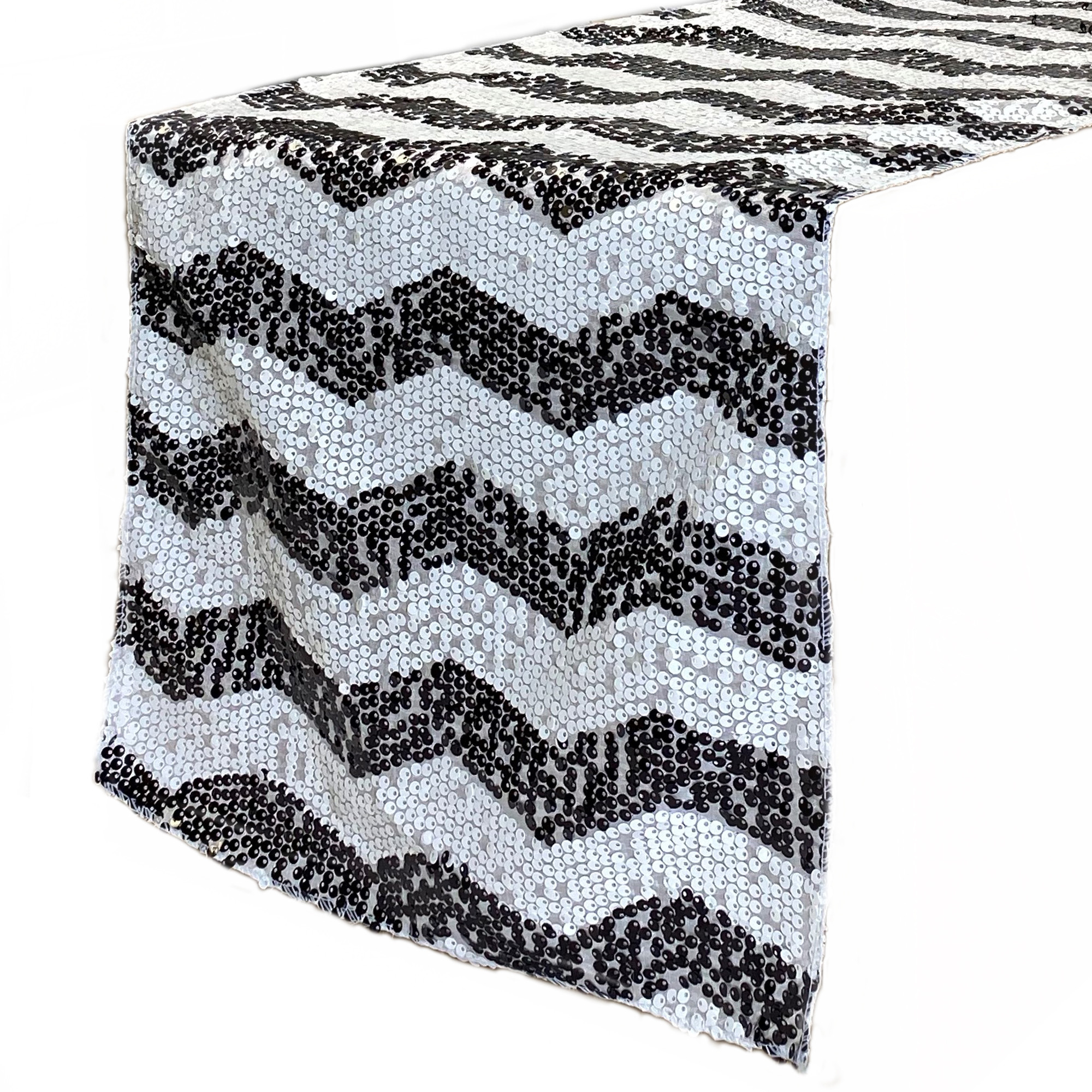 14 x 108 Inch Chevron Sequin Table Runner White and Black