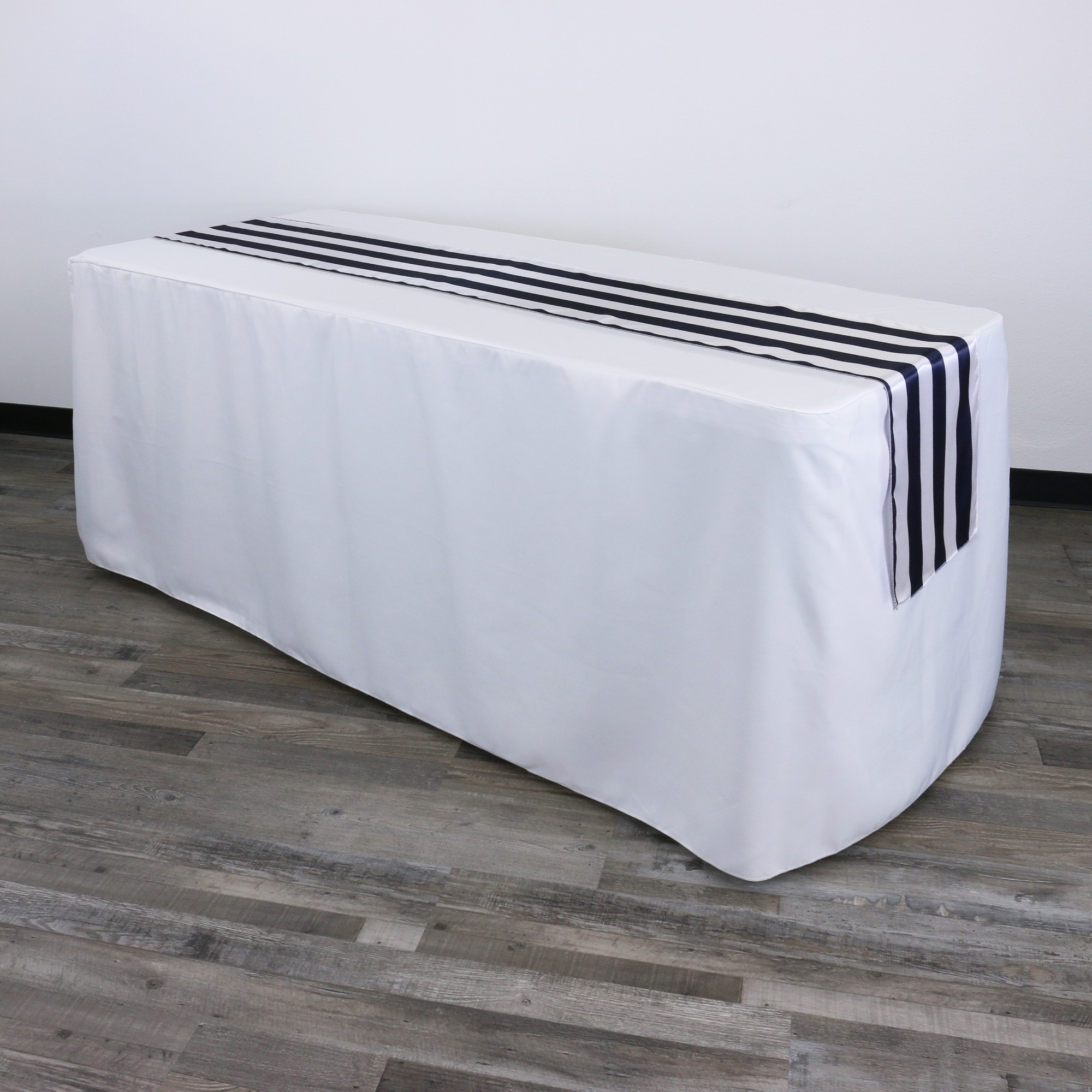 14 x 108 Inch Satin Table Runner Navy Blue/White Striped on a rectangular table