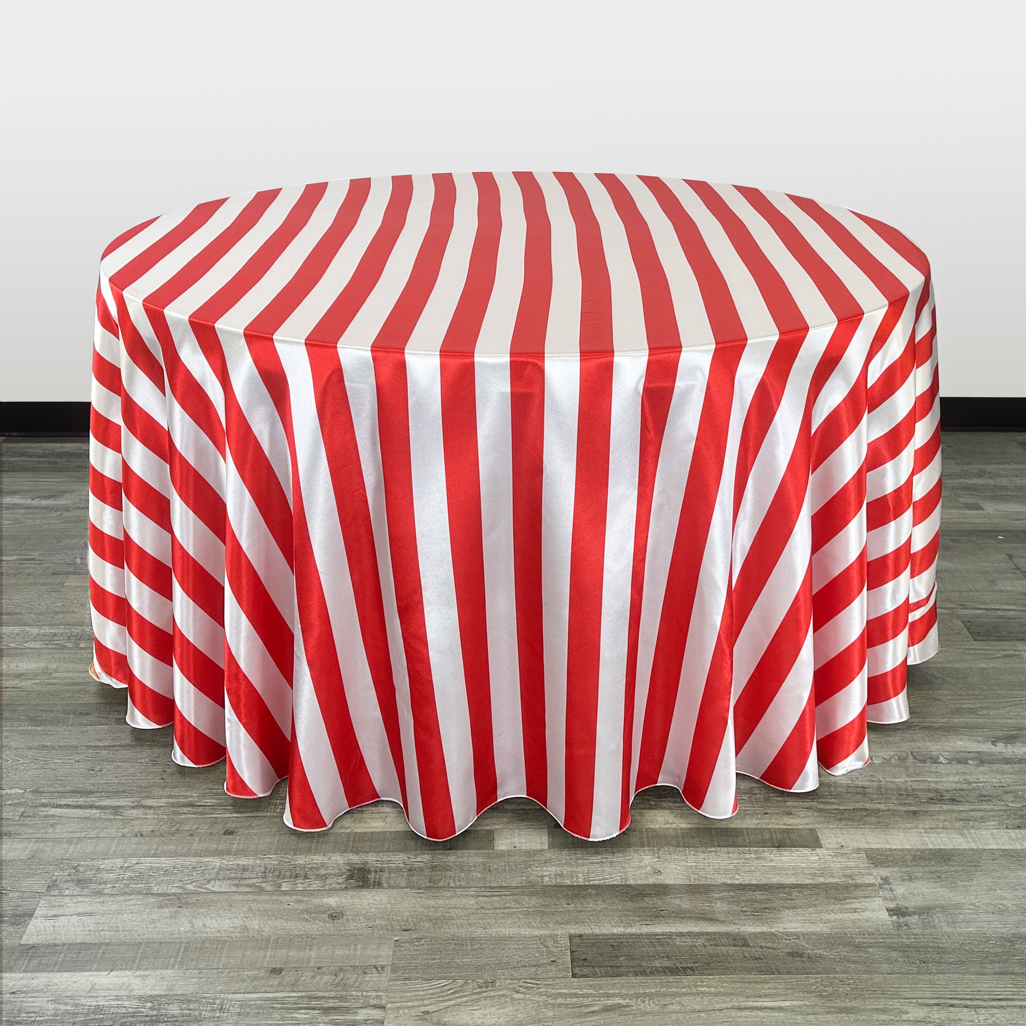 120 Inch Round Satin Tablecloth Red/White Striped
