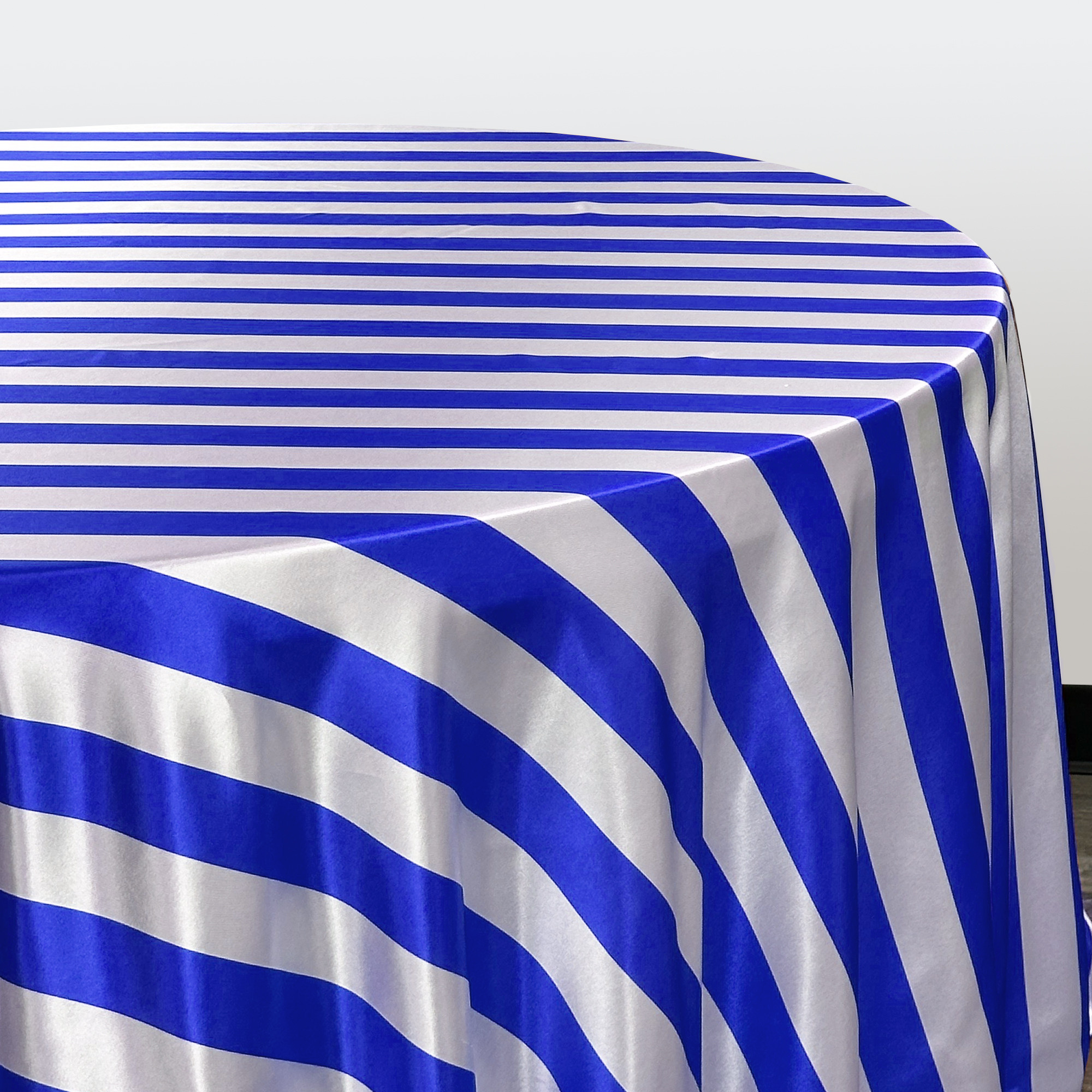 132 inch Round Satin Tablecloth Royal Blue/White Striped Side
