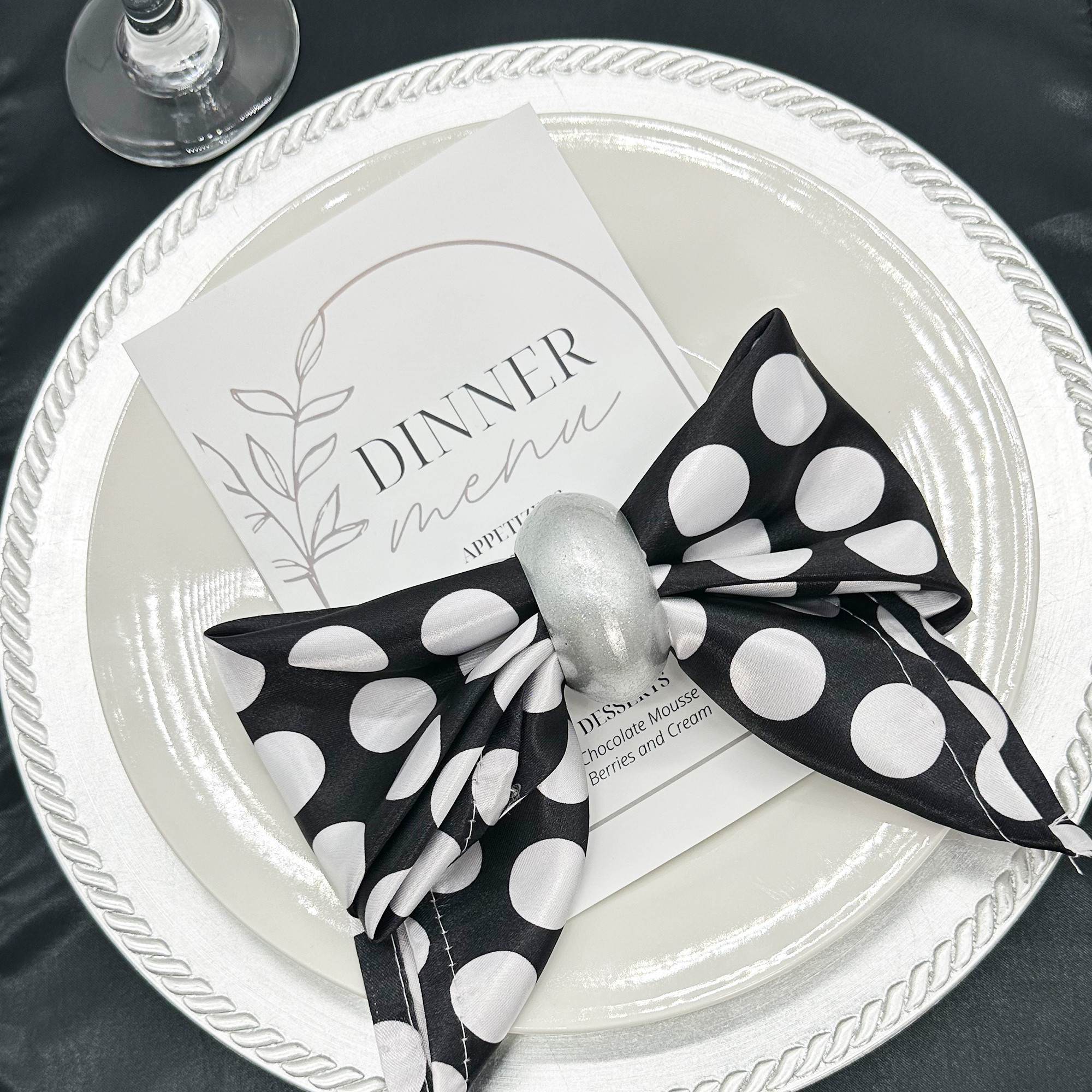 20 inch Satin Cloth Napkins Black/White Polka Dots  lifestyle