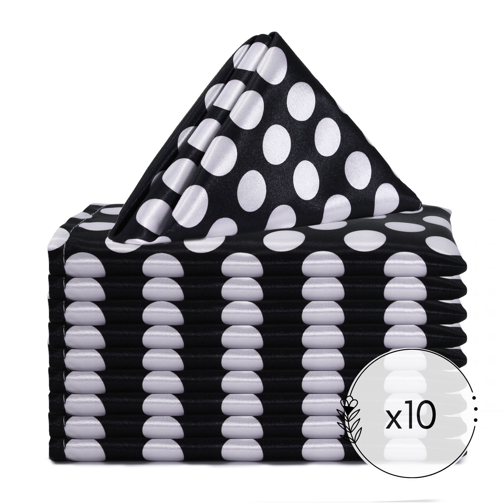 20 inch Satin Cloth Napkins Black/White Polka Dots (Pack of 10)