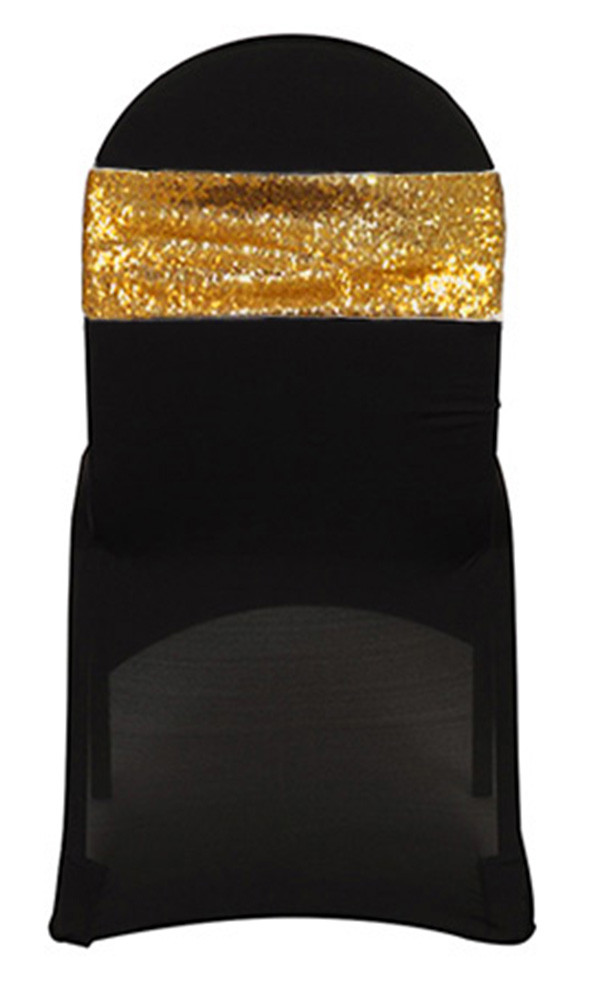 10 Pack Stretch Spandex Glitz Sequin Bands Gold on Black Chair Cover