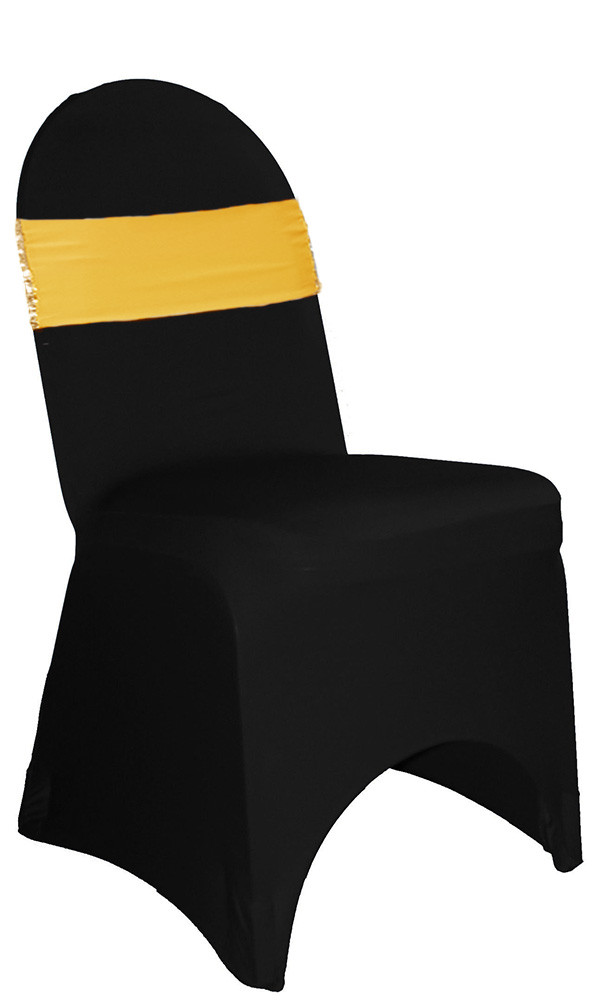 10 Pack Stretch Spandex Glitz Sequin Bands Gold On black Chair Covers Front View