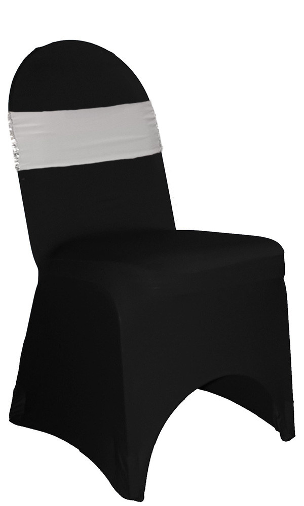 10 Pack Stretch Spandex Glitz Sequin Bands Silver On black Chair Covers Front View