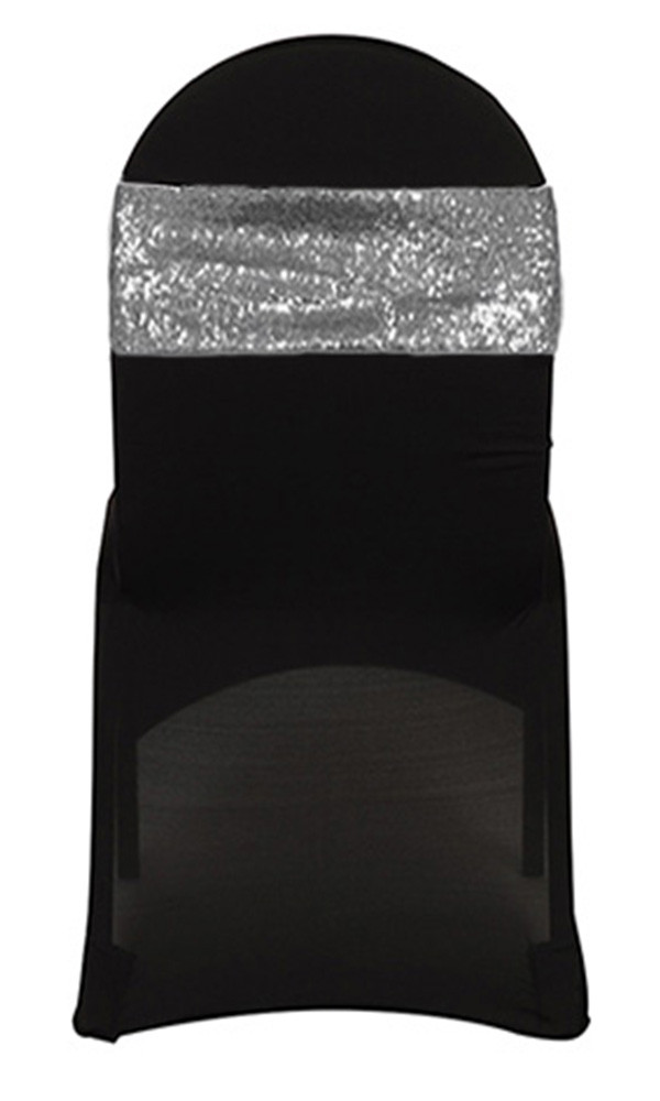 10 Pack Stretch Spandex Glitz Sequin Bands Silver on Black Chair Cover