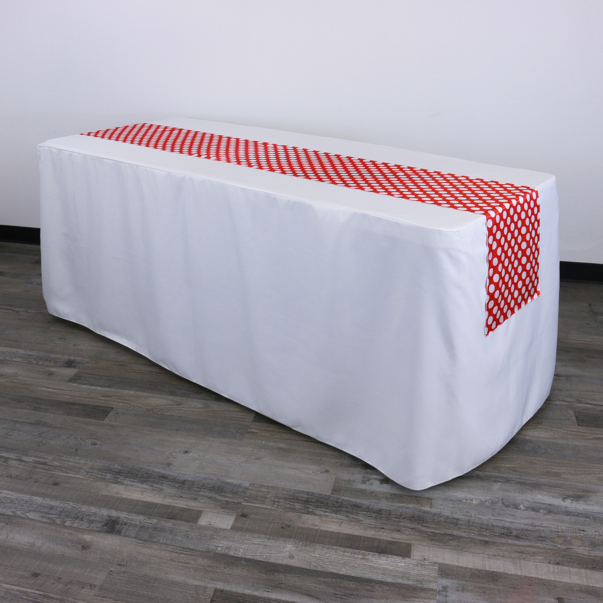 14 x 108 Inch Satin Table Runner Red/White Polka Dots on a rectangular table