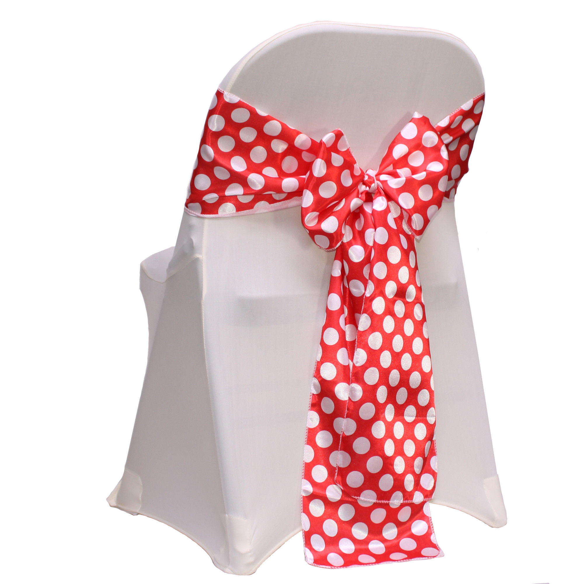 Satin Sashes Red/White Polka Dots on banquet chairs