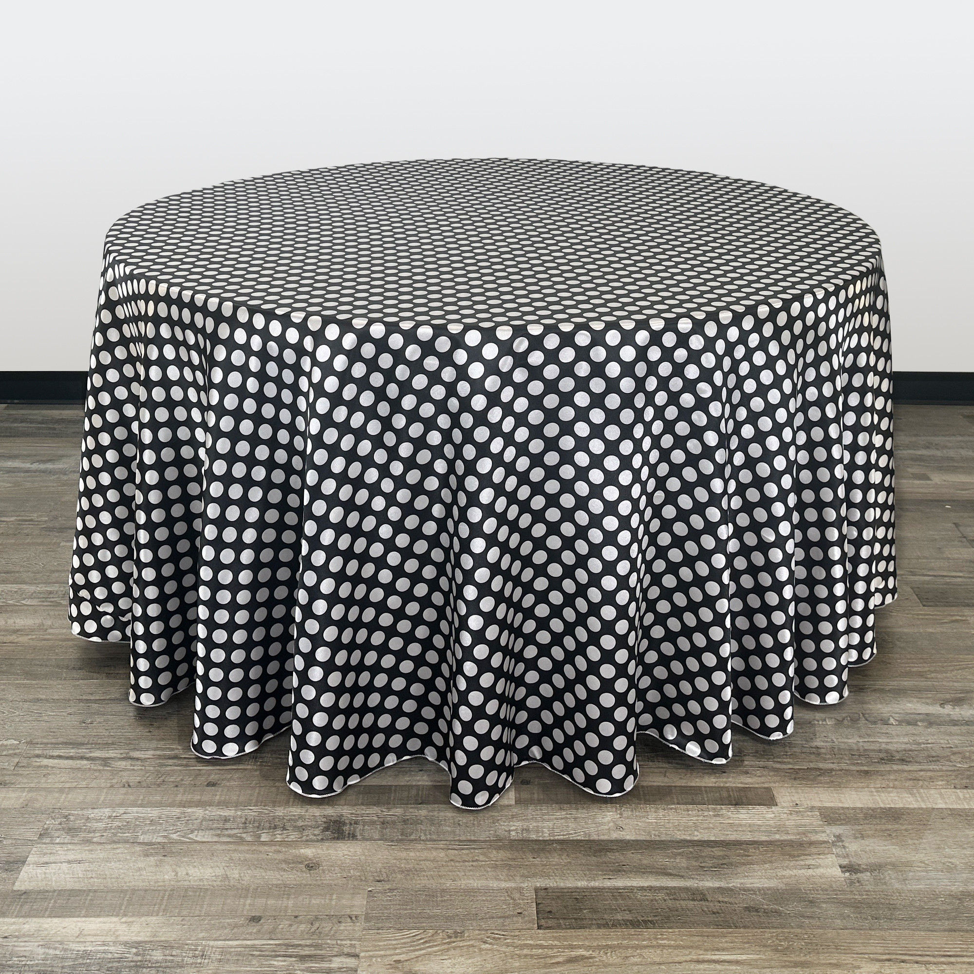 120 inch Round Satin Tablecloth Black/White Polka Dots