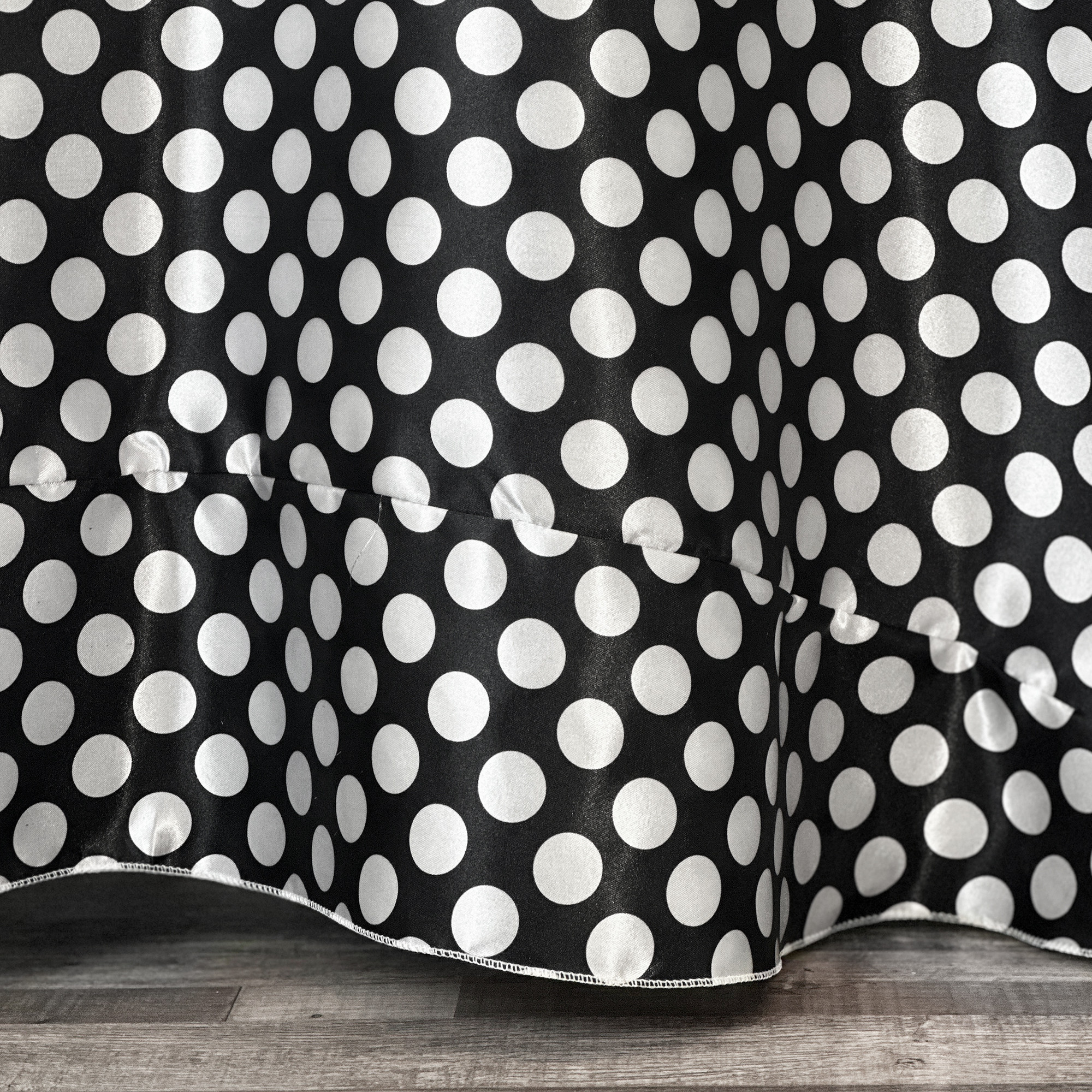 120 inch Round Satin Tablecloth Black/White Polka Dots seam