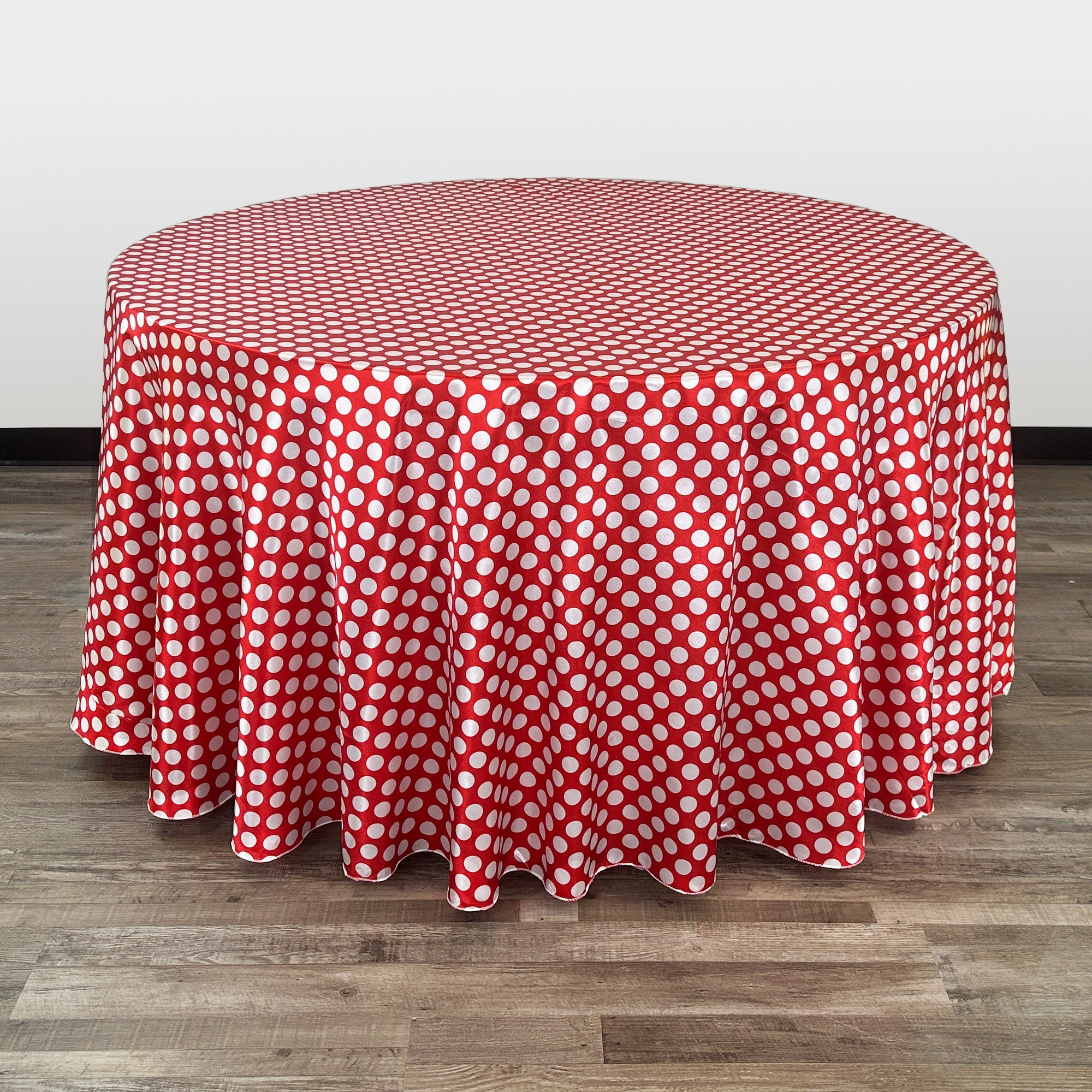 120 inch Round Satin Tablecloth Red/White Polka Dots