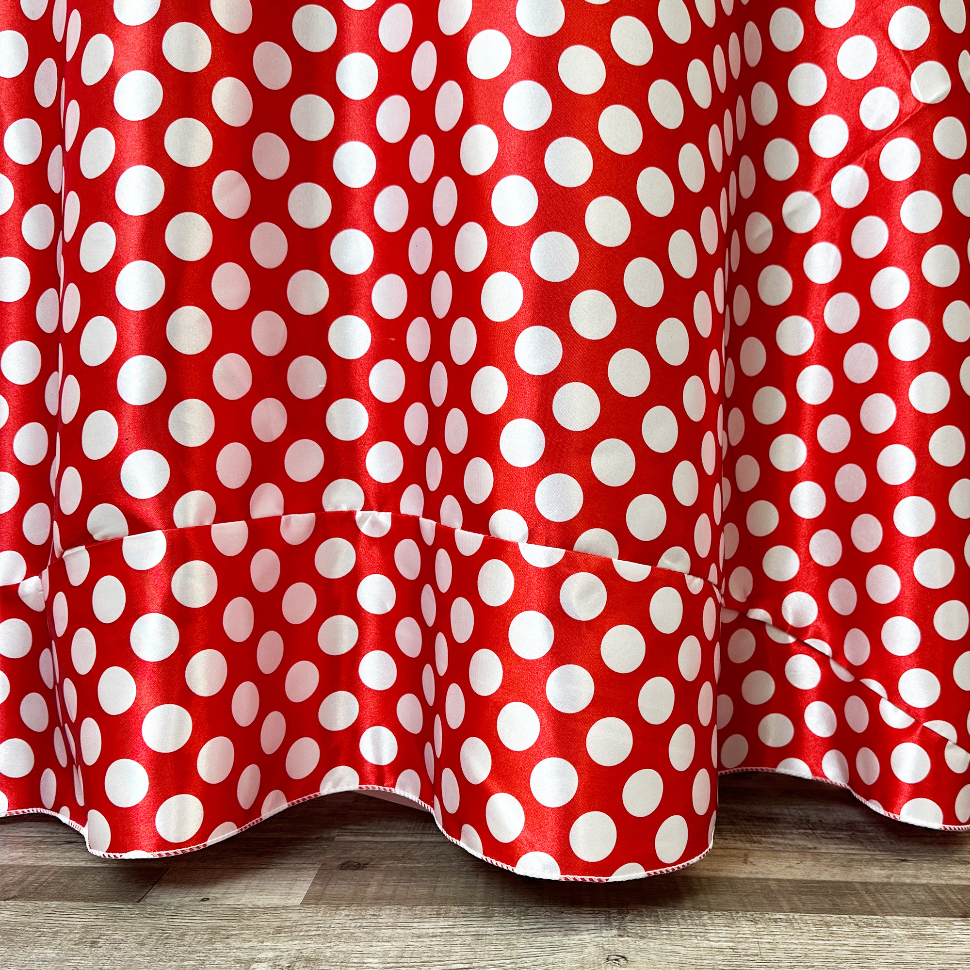 120 inch Round Satin Tablecloth Red/White Polka Dots seam