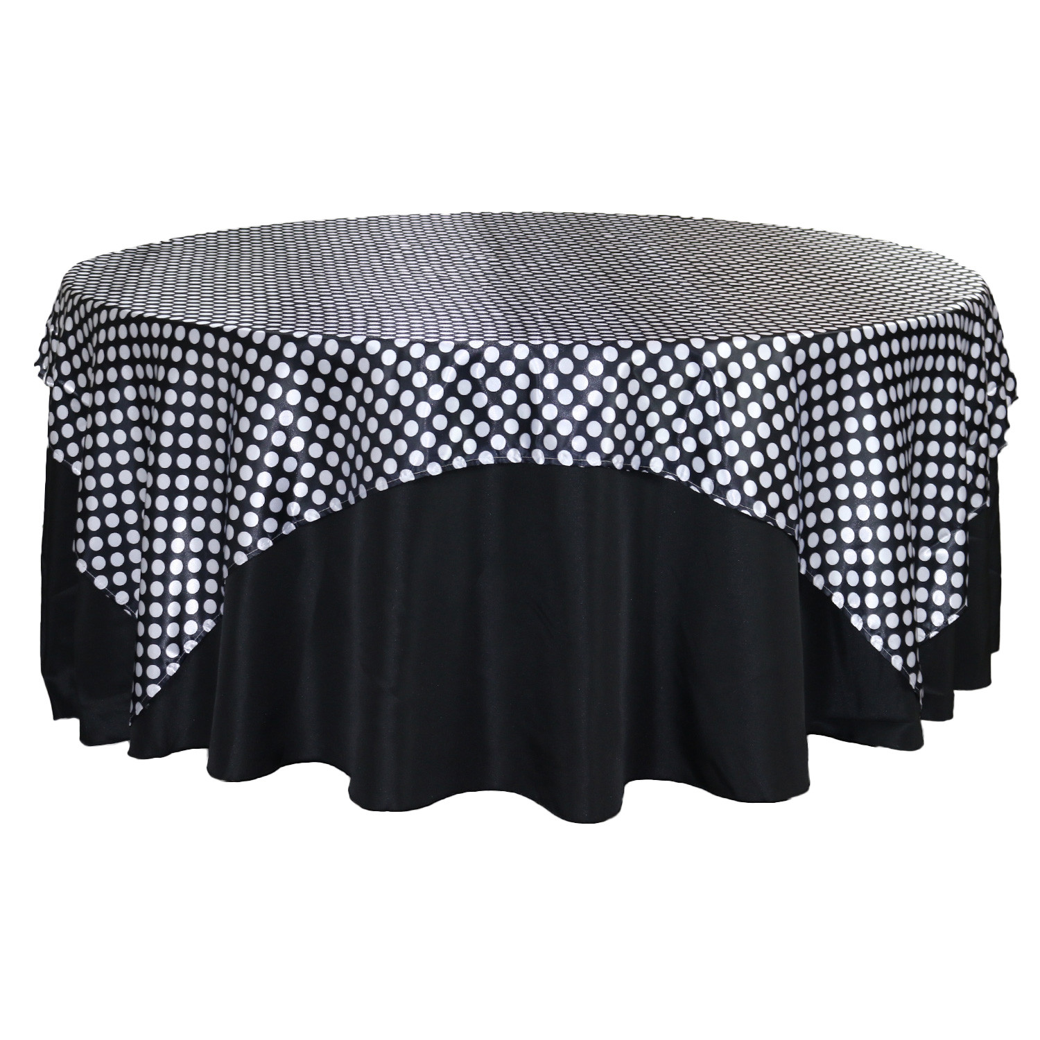 90 inch Square Satin Table Overlay Black/White Polka Dots
