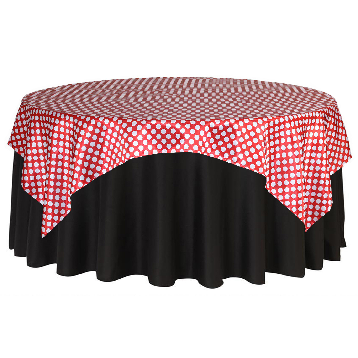 90 inch Square Satin Table Overlay Red/White Polka Dots
