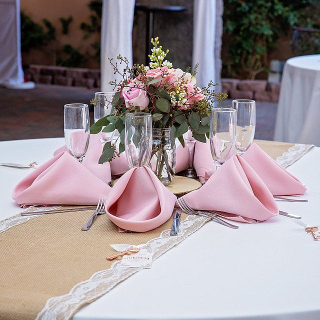 14 X 108 Inch Jute Burlap Table Runner with White Lace Edges