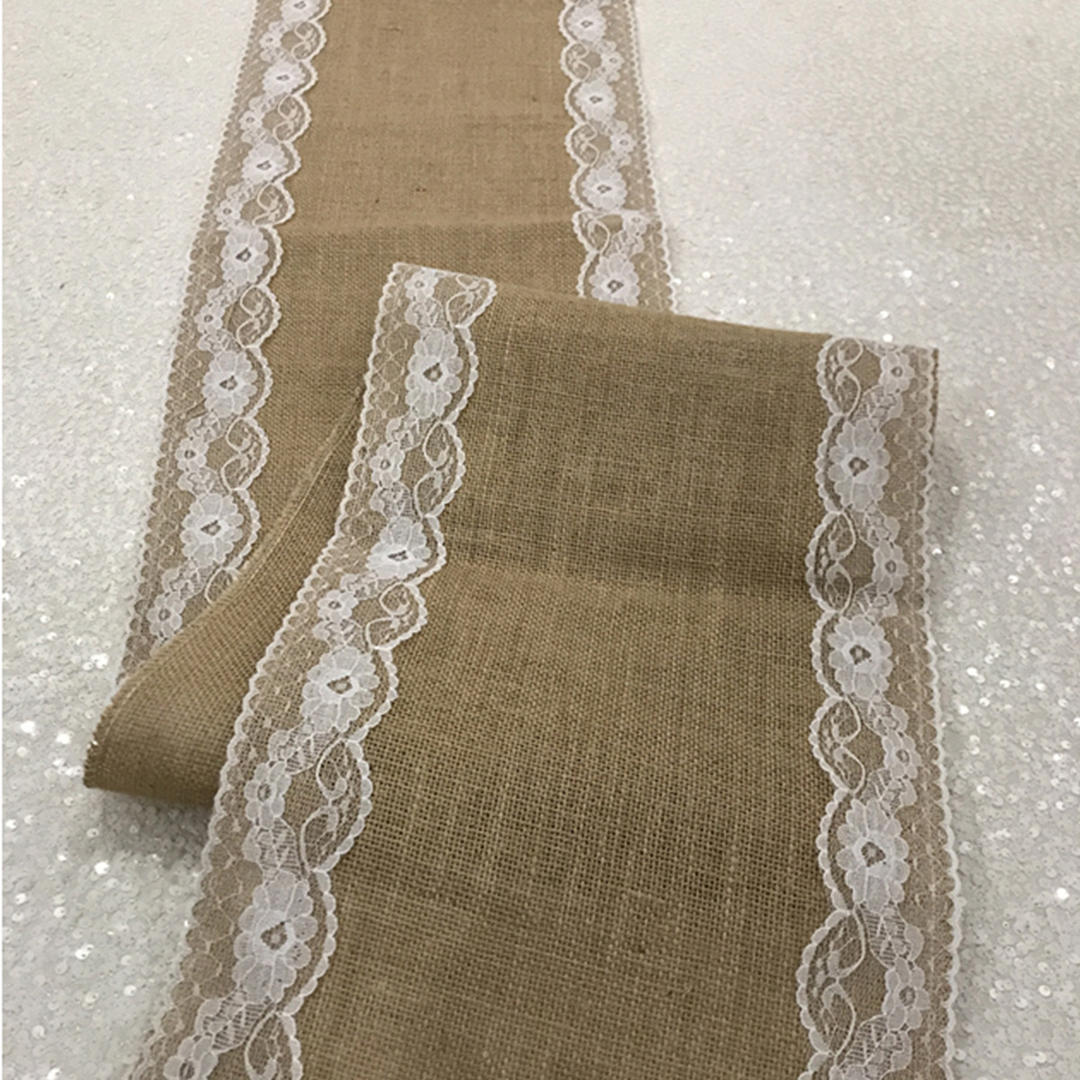 14 X 108 Inch Jute Burlap Table Runner with White Lace Edges