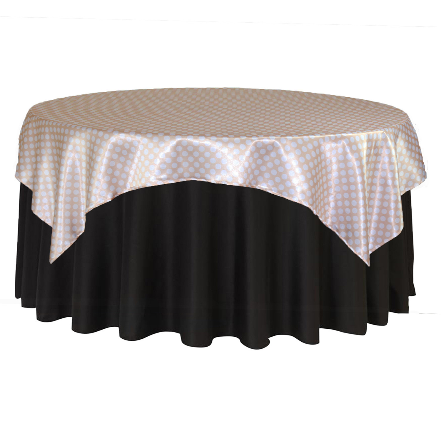 90 inch Square Satin Table Overlay Peach/White Polka Dots