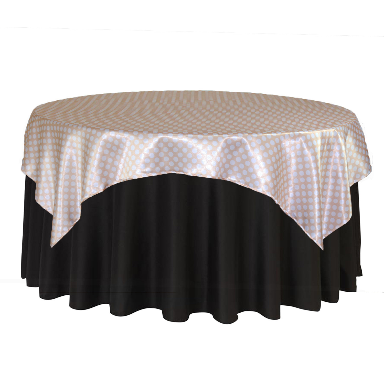 72 inch Square Satin Table Overlay Peach/White Polka Dots