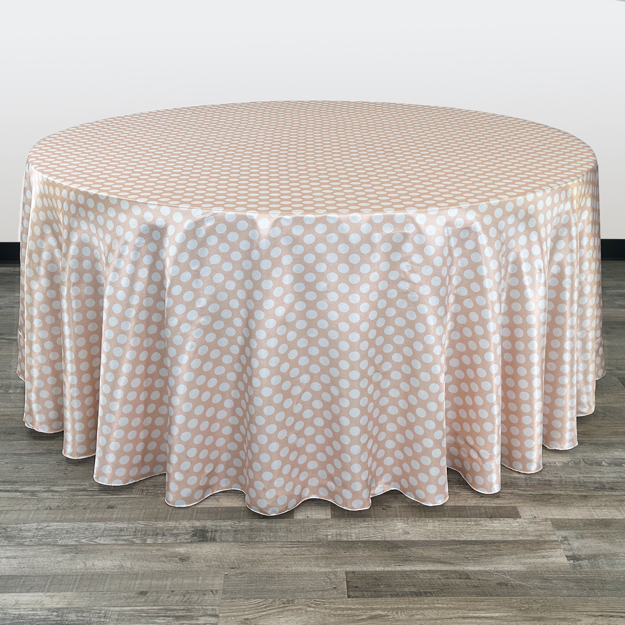 132 inch Round Satin Tablecloth Peach/White Polka Dots