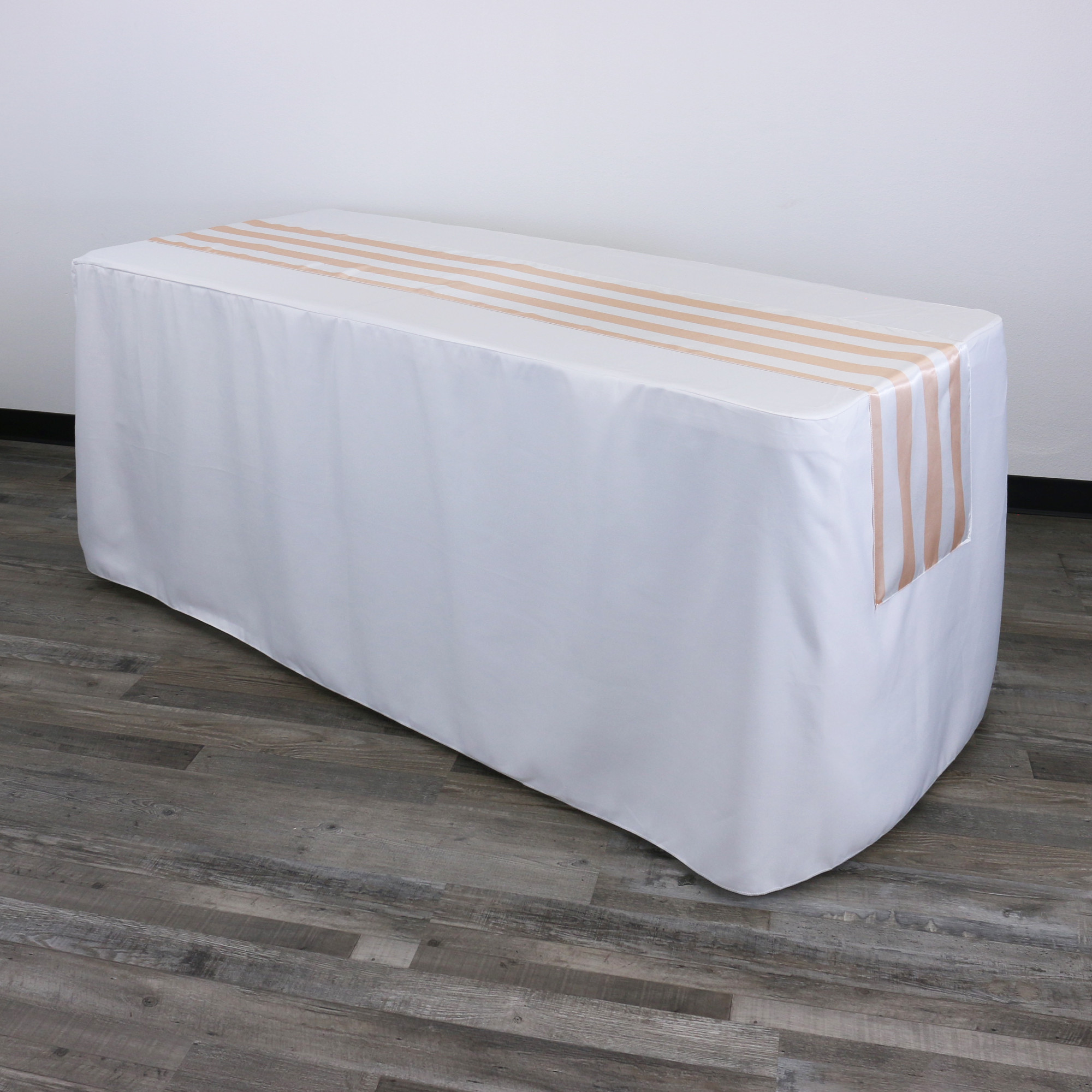 14 x 108 inch Satin Table Runner Peach/White Striped on a rectangular table