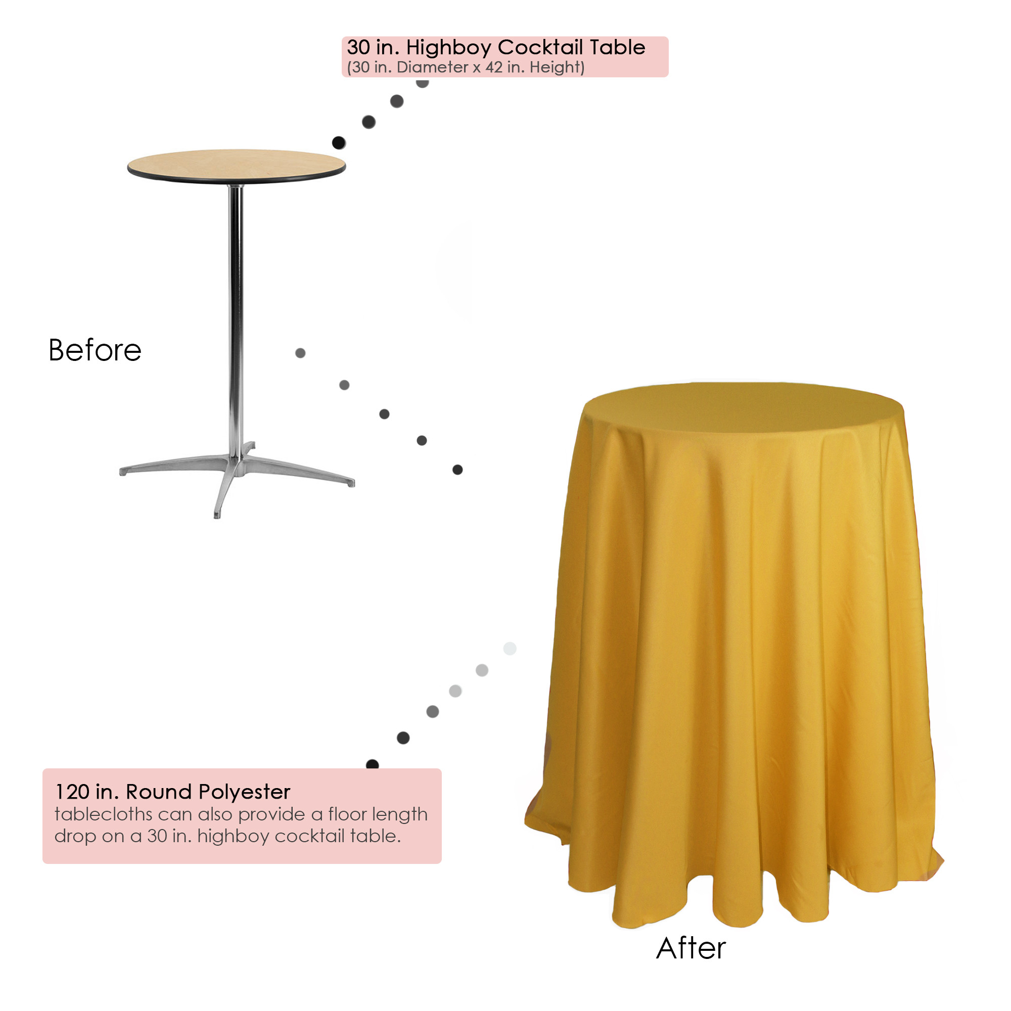 120 inch Round Polyester Tablecloths Gold on 30 inch cocktail tables 