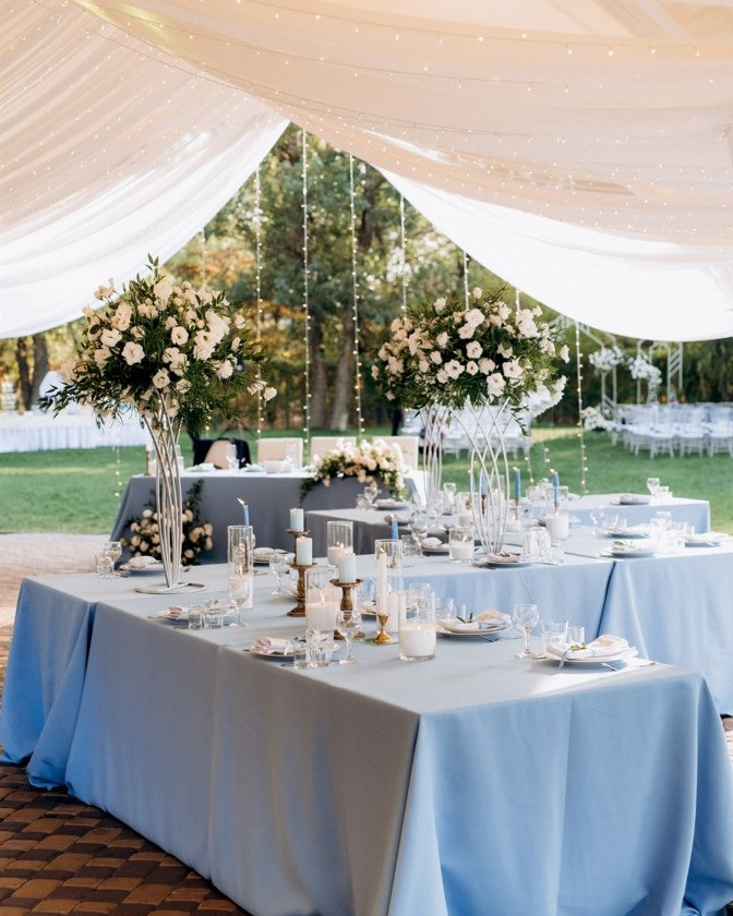 90 x 156 Inch Rectangular Polyester Tablecloth Light Blue lifestyle