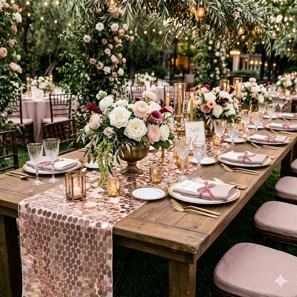 14" x 108" Large Payette Sequin Table Runner Blush in use