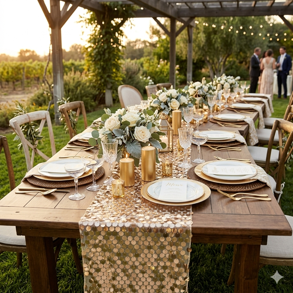 14" x 108" Large Payette Sequin Table Runner Champagne in use