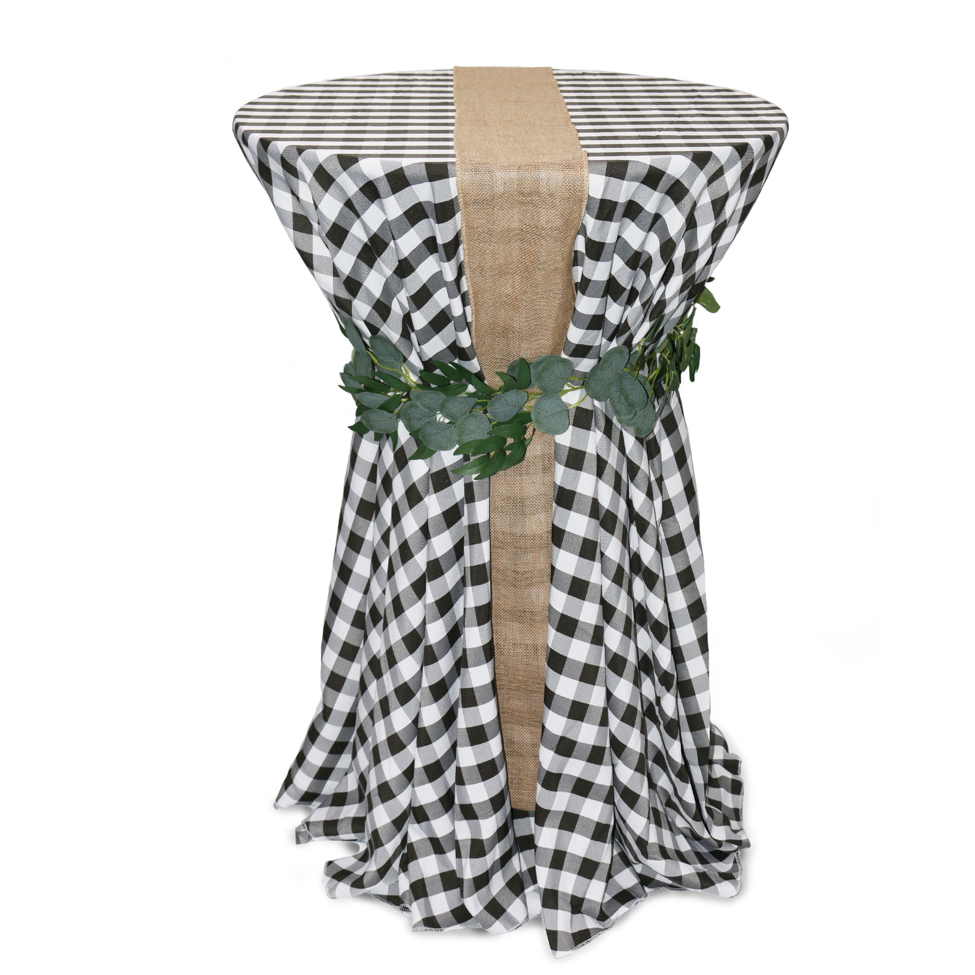 108 Inch Round Polyester Tablecloth Checkered Black on cocktail table