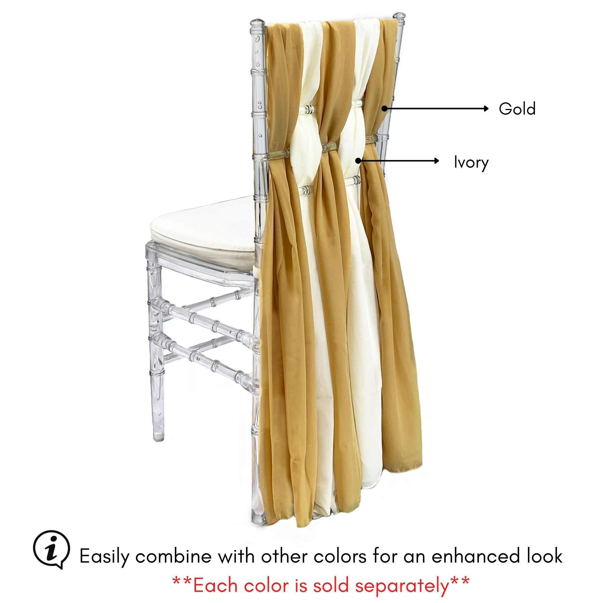 5 Pack 6 Ft Chiffon Chiavari Chair Sashes Gold Front gold and ivory combination