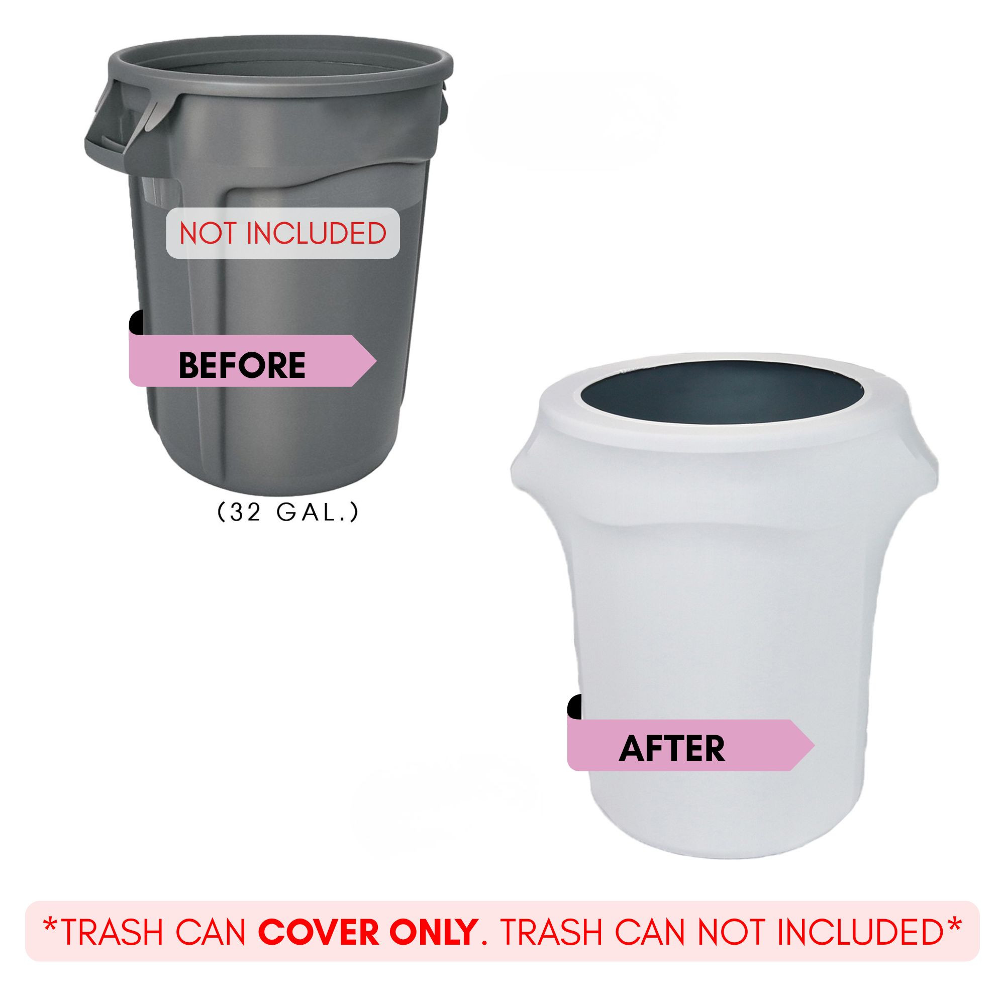 32 Gallon Spandex Trash Can/Waste Container Cover White before and after