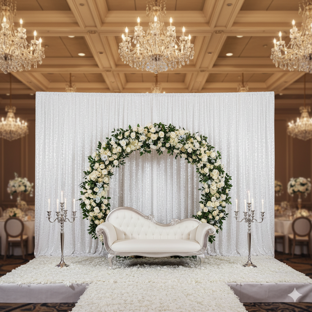 white glitz sequin drapes and backdrops