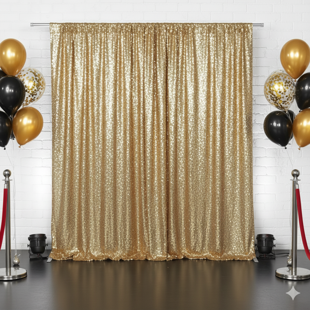gold glitz sequin drapes and backdrops