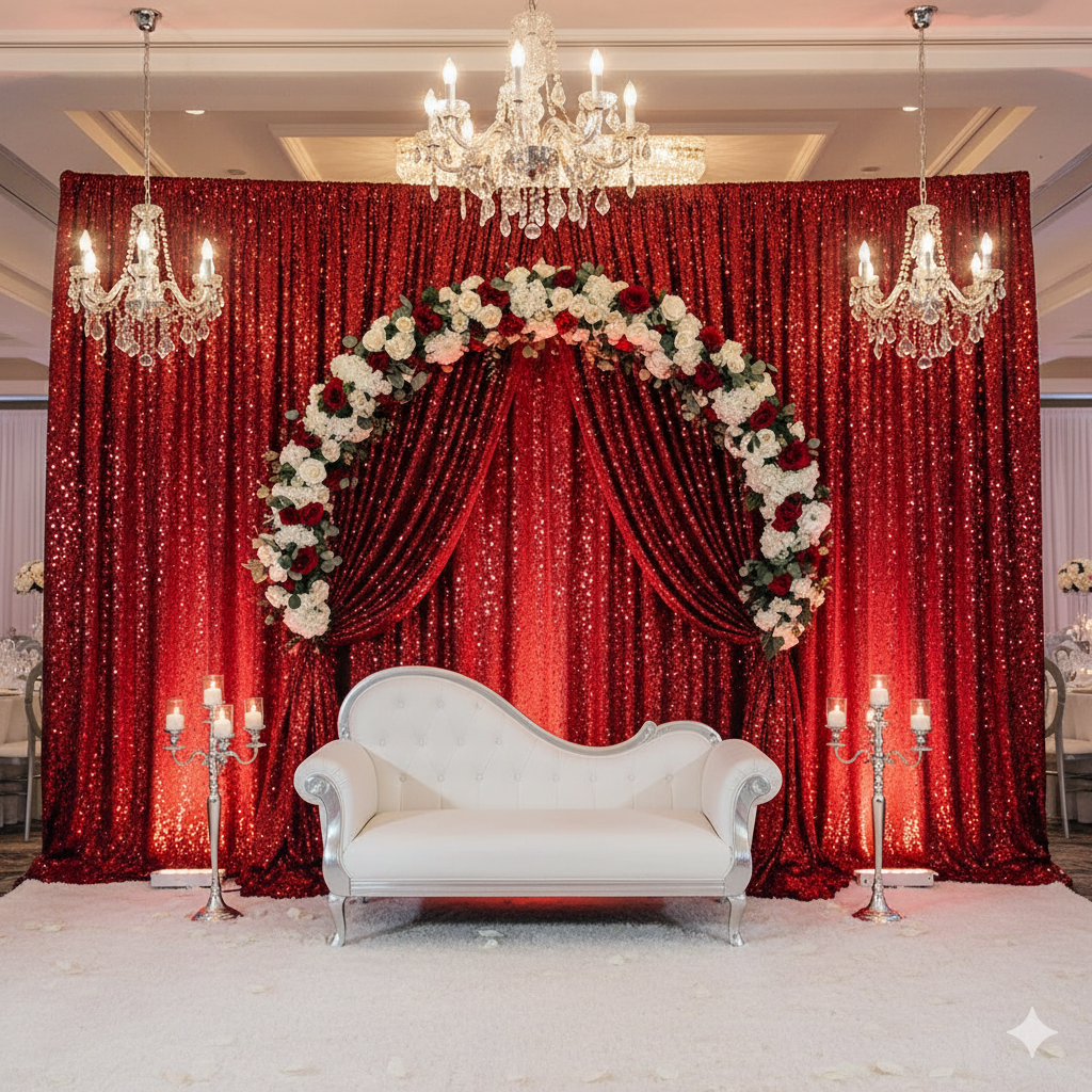 red glitz sequin drapes and backdrops