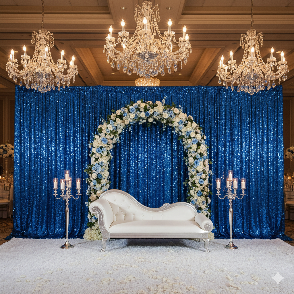 royal blue glitz sequin drapes and backdrops