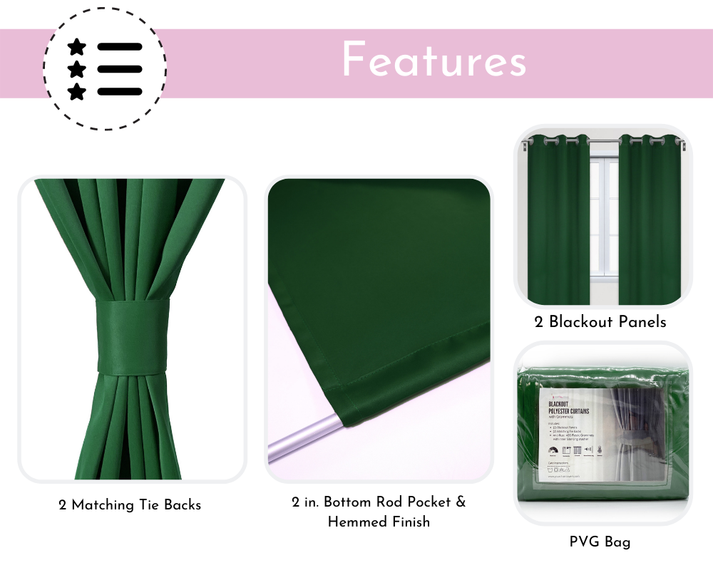 42 X 84 Inch Blackout Polyester Curtains with Grommets Hunter Green - Features