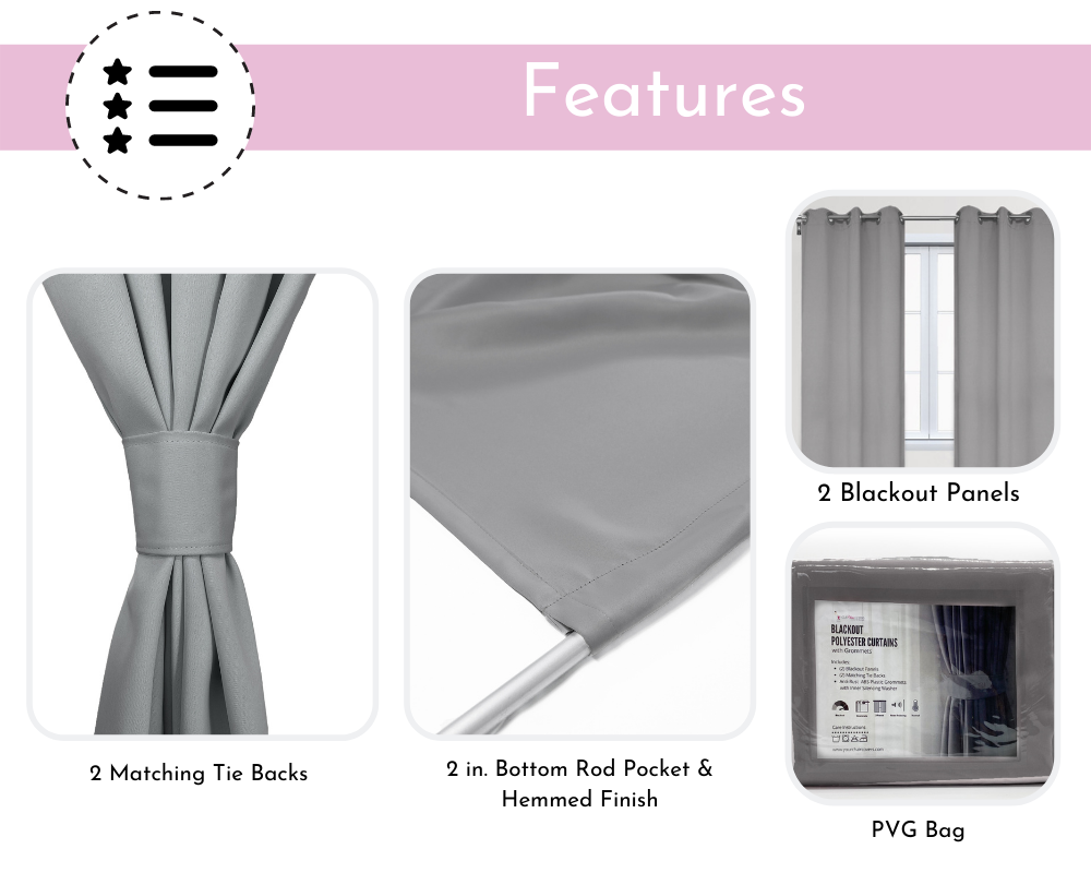 52 X 63 Inch Blackout Polyester Curtains with Grommets Gray - Features