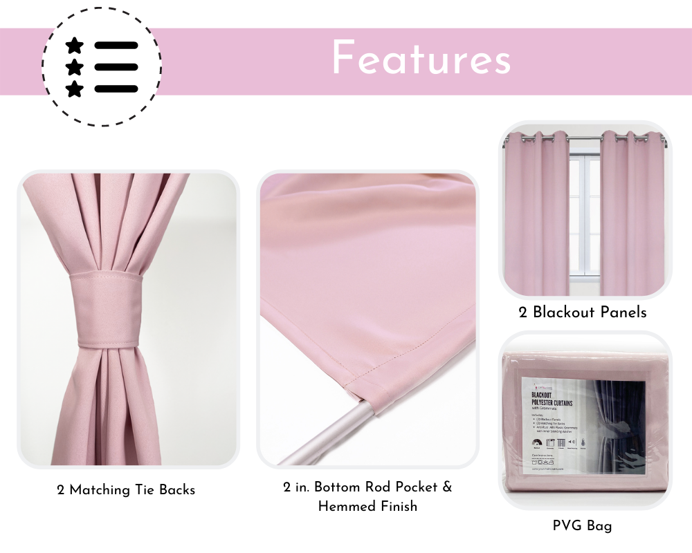 52 X 63 Inch Blackout Polyester Curtains with Grommets Blush Features