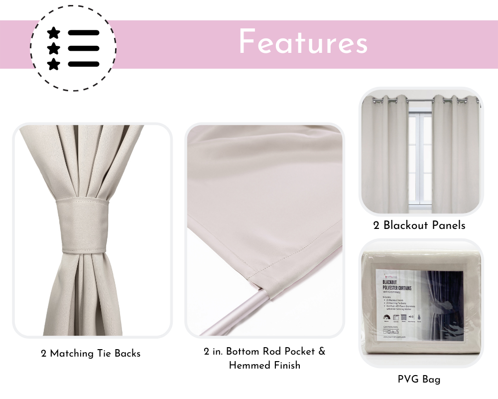 52 X 63 Inch Blackout Polyester Curtains with Grommets Beige - Features