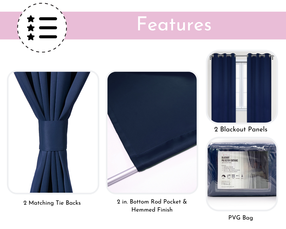 52 X 95 Inch Blackout Polyester Curtains with Grommets Navy Blue - Features