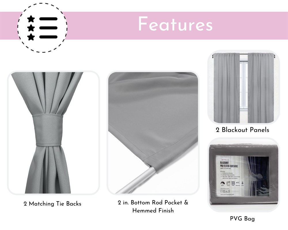 42 X 63 Inch Blackout Polyester Curtains with Rod Pocket Gray - Features