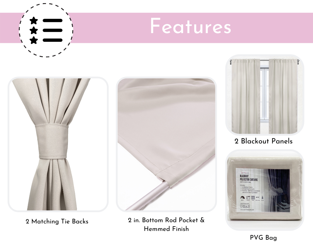 42 X 84 Inch Blackout Polyester Curtains with Rod Pocket Beige - Features