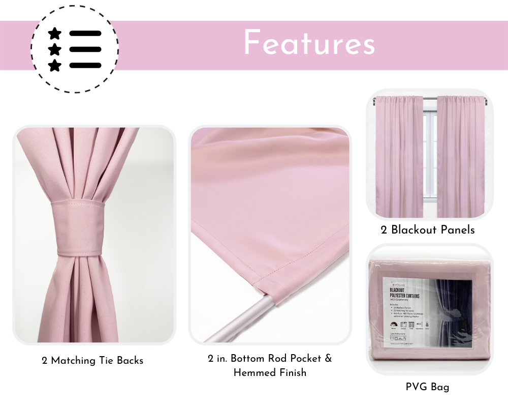 52 X 95 Inch Blackout Polyester Curtains with Rod Pocket Blush - Features