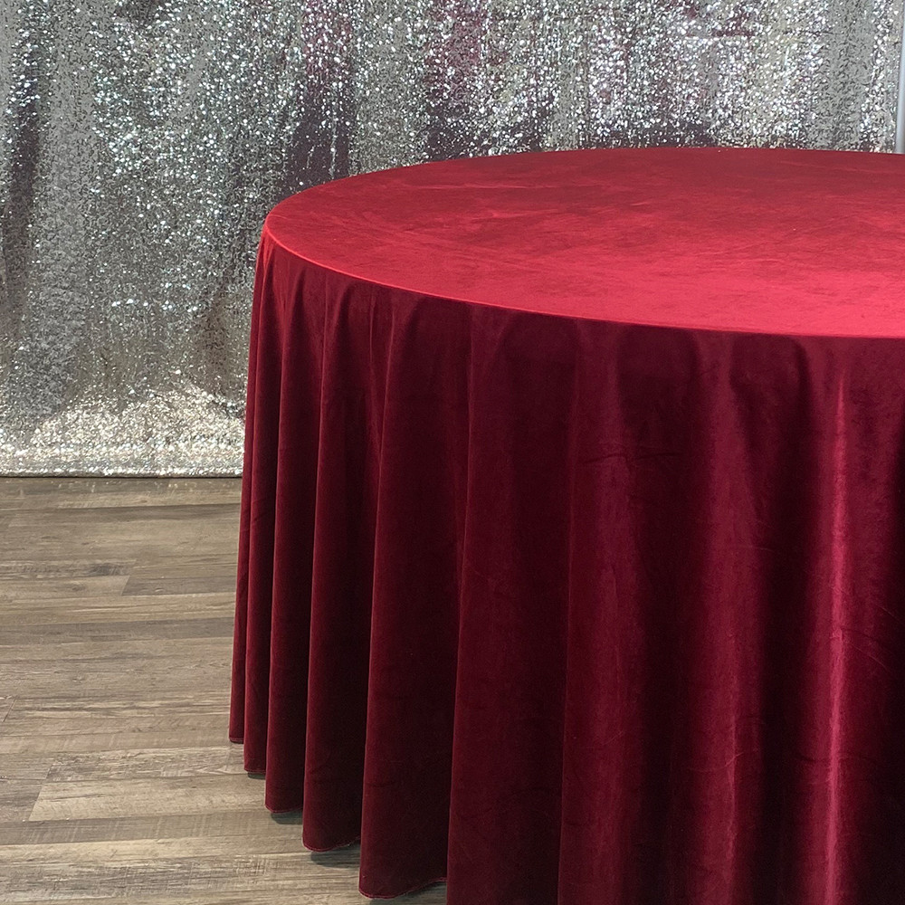 120 Inch Round Velvet Tablecloth Burgundy Side Drop